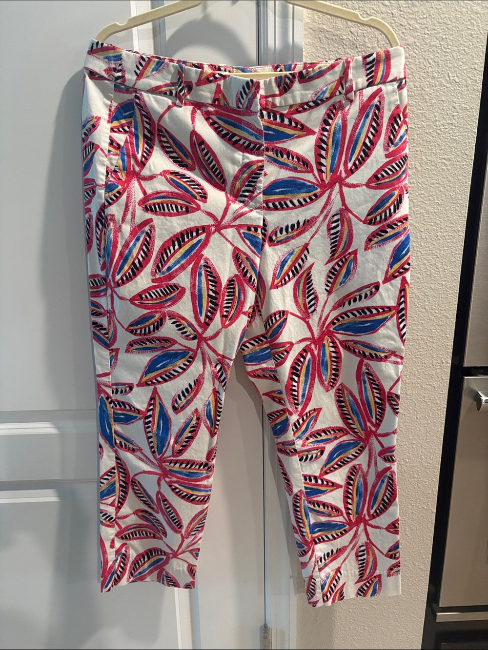 J. Crew Girls' White Crop Leggings with Pink & Blue Leaf Print